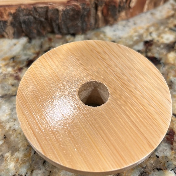 3 glass mugs with wooden tops. Has a hole for a straw. Never used. 🍺🍺 - Picture 3 of 4